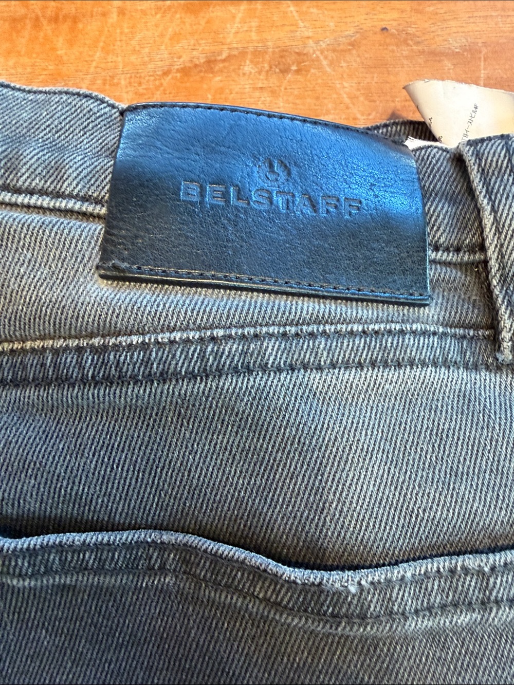 Belstaff Men's Slim Jeans in Light Gray with Black Leather Patch